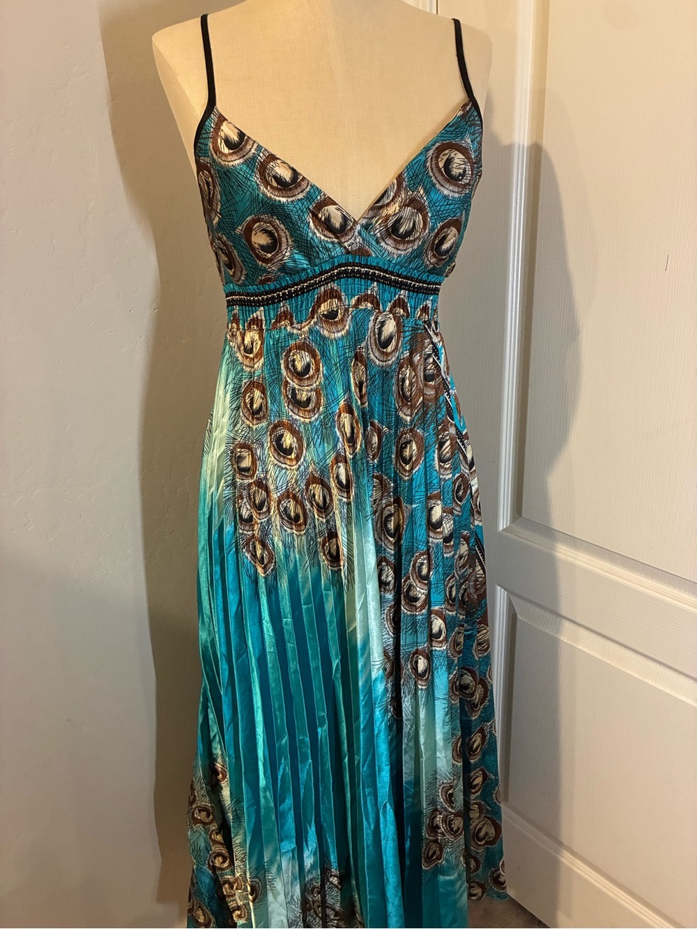 Pleated Maxi Dress Peacock Print Teal Satin Feel Empire Waste S-M